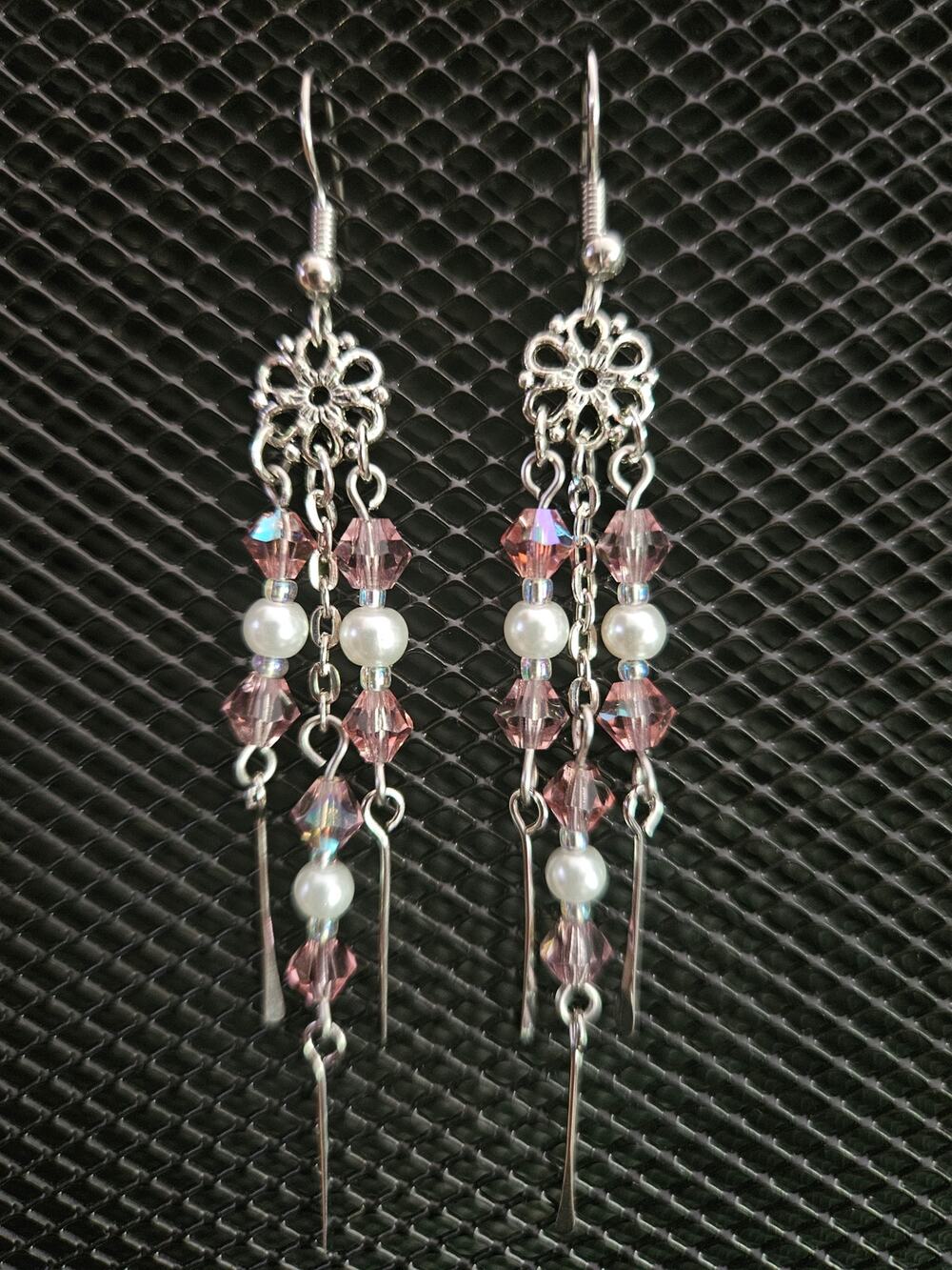 Antique silver, faux pearl and iridescent "topaz" glass chandelier earrings